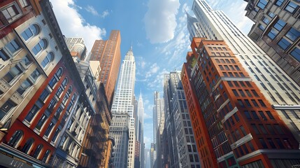 Fototapeta premium Awe-Inspiring Concrete Jungle:Striking Cityscape with Towering Skyscrapers and Bustling Streets