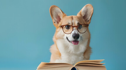 Corgi dog wearing glasses while reading a book in pastel background. creative concept