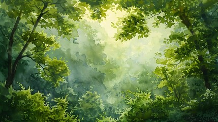 Lush Forest Clearing with Serene Sunlight Filtering Through the Verdant Foliage in Tranquil Watercolor Landscape