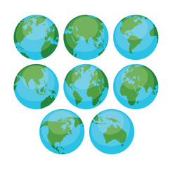 Globe earth set collection, World map in globe shape,earth hemispheres with continents, Planet Earth geography, isolated on white background, flat vector illustration.
