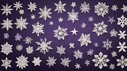 Snowflakes made up of paper cut out placed on a purple background with varying shades, Ideal for design and decoration suitable for Christmas cards and new year
