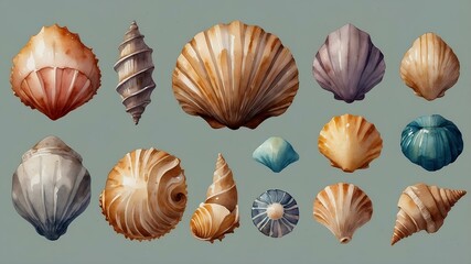 Collection of Colorful Seashells Watercolor Art