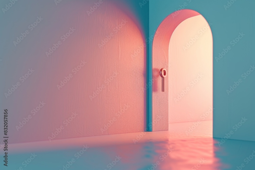 Poster a building with a large archway and a small door