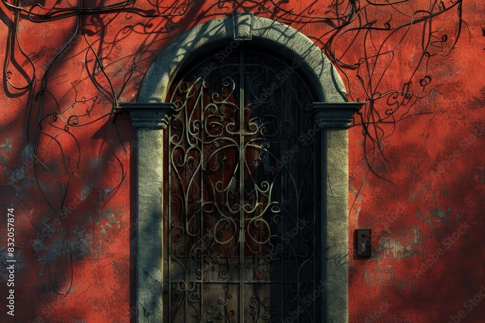 Poster a red building with a large archway and a small door