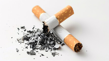 A cigarettes are on the ground, one of which is partially burned. The other is still whole. The scene is messy and chaotic, with the ash and debris scattered around the cigarettes