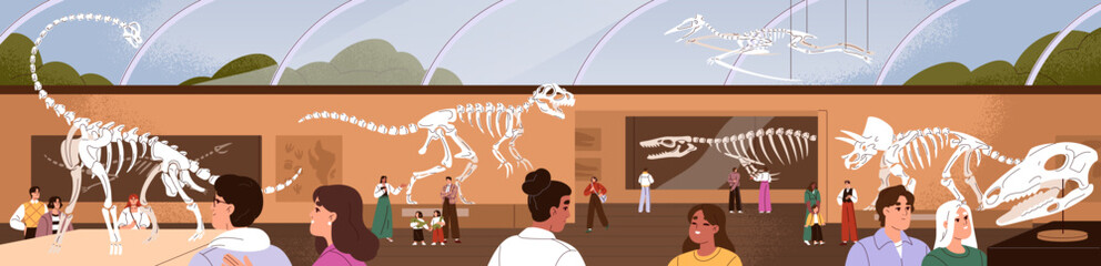 People are in paleontology museum. Archaeological display of extinct animals. Exposition of dino bones, dinosaur skeletons, skulls. Trip of ancient remains, fossil discovery. Flat vector illustration © Paper Trident