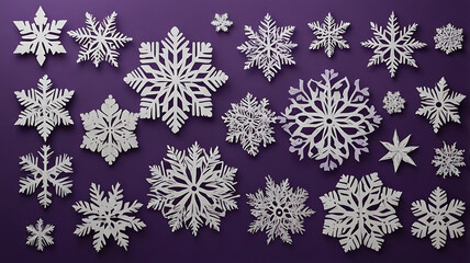 Snowflakes made up of paper cut out placed on a purple background with varying shades, Ideal for design and decoration suitable for Christmas cards and new year
