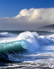 Fototapeta premium Stormy seascape, powerful waves crashing the sandy beach on the shoreline