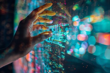 A close-up of a human hand interacting with a holographic interface, emphasizing the human element in cybersecurity, photorealistic