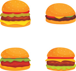 Colorful vector illustration set featuring four different cartoonstyle burgers, isolated on white