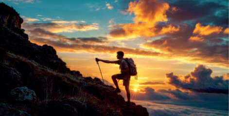 Obraz premium silhouette of a person in the mountains, sunset, blurred wide shot, challenging to peak, Ai illustration