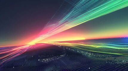 A pixelated aurora borealis stretching across a binary horizon, its colors encoding hidden algorithms