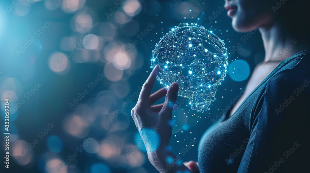 Poster a person interacts with a digital representation of a human brain, symbolizing advanced technology a