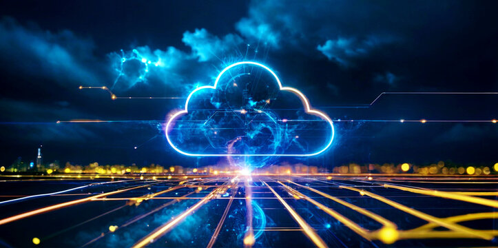 lights on the street Digital informational technology web futuristic hologram with cloud icon, blue lightened digits and code background, cloud computing. Abstract Motion of digital data flow. ai