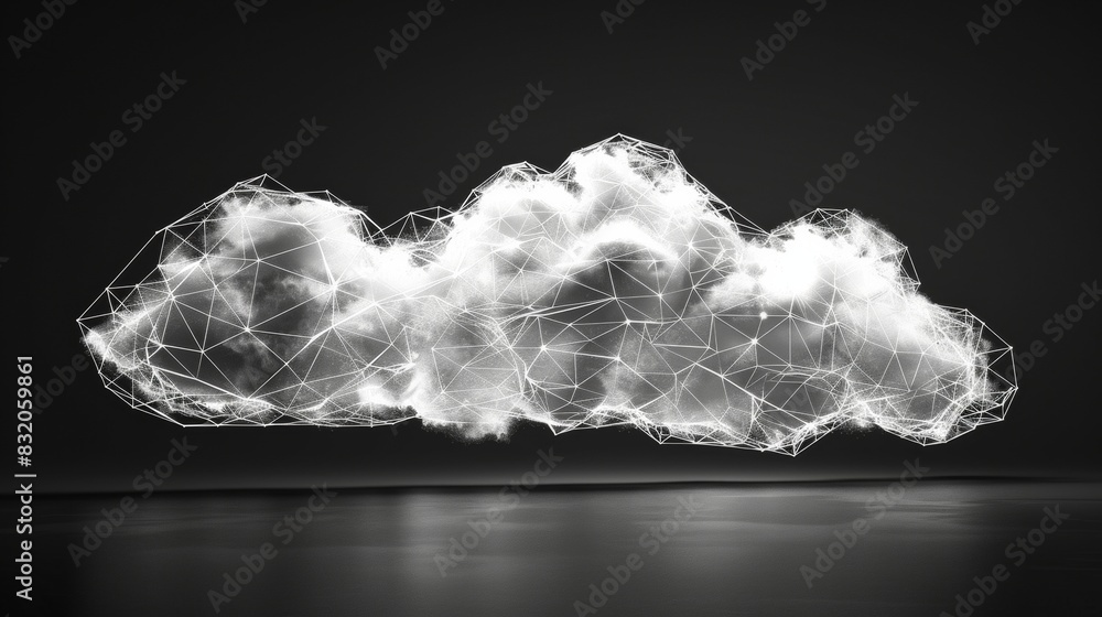 Poster a geometric cloud built from triangular wireframe elements, emphasizing its structured and modular n