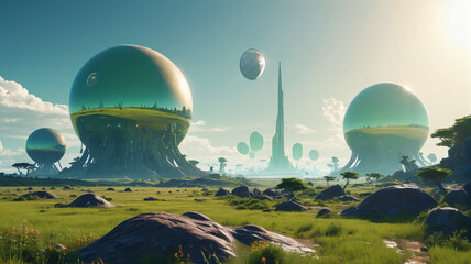 On the verdant plains of Xyloria, towering crystalline structures house a peaceful alien civilization under twin suns, Generative AI