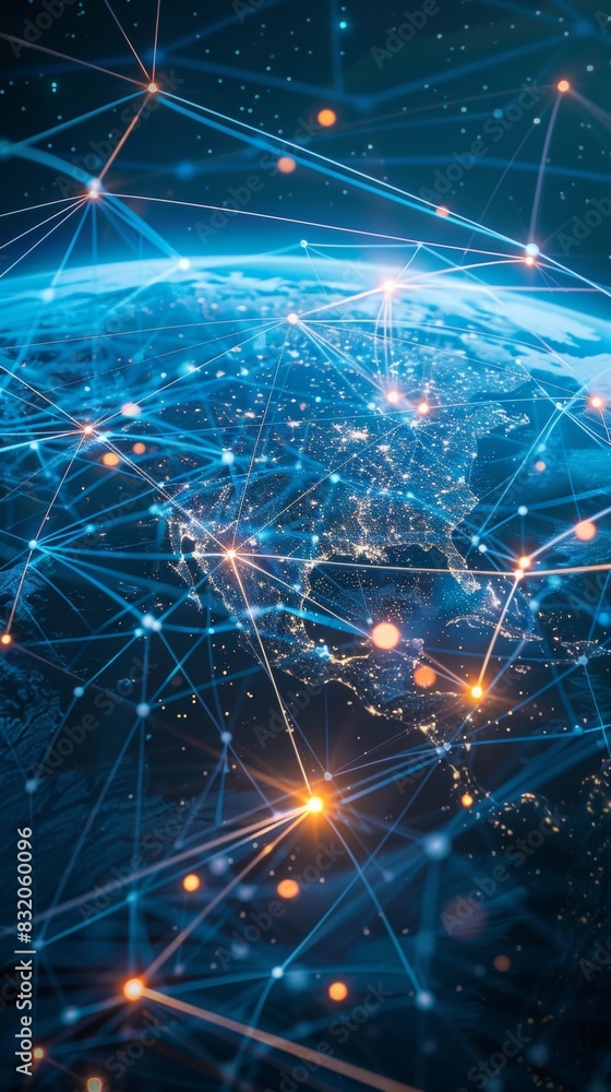 Poster a global map with pulsating beams of light representing major data arteries, converging on cloud hub