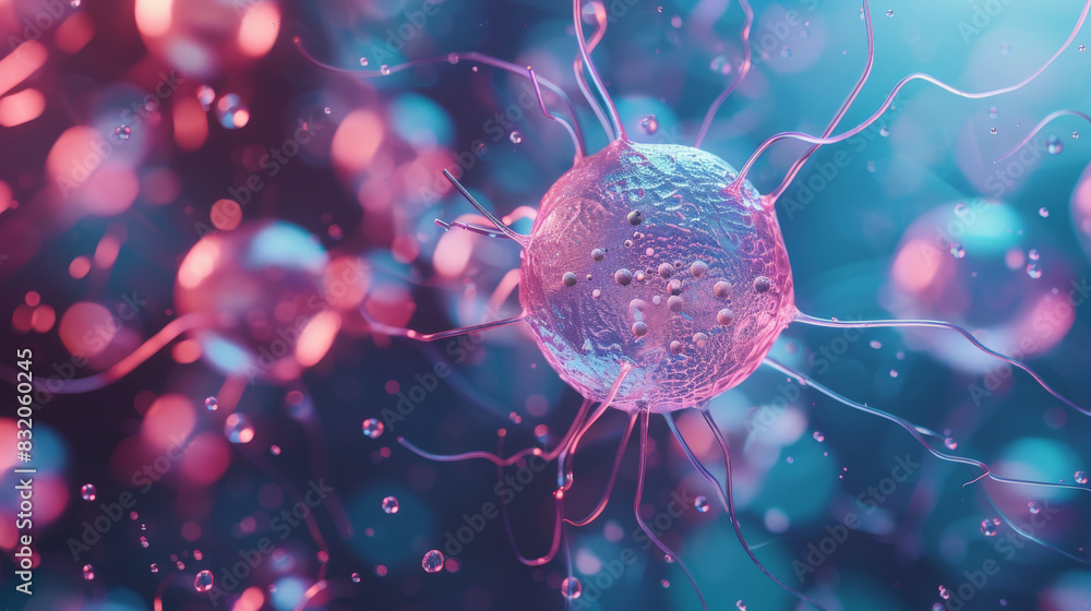 Poster this captivating image portrays abstract, glowing cells or neurons with tentacle-like structures, ev