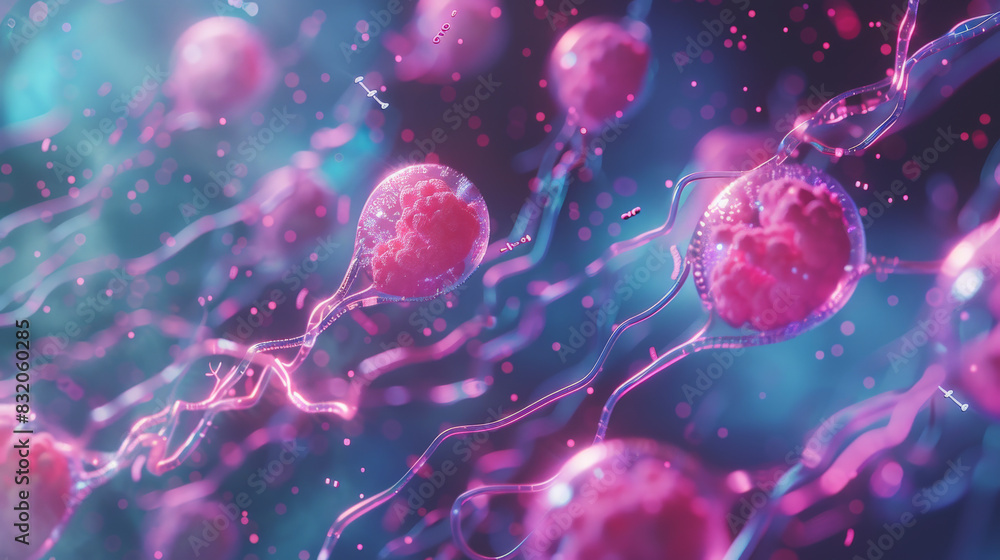 Poster a vibrant and abstract representation of cells or particles, interconnected by delicate strands, dep