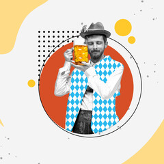 Relaxed positive man in traditional German clothes holding glass with lager foamy beer on abstract...