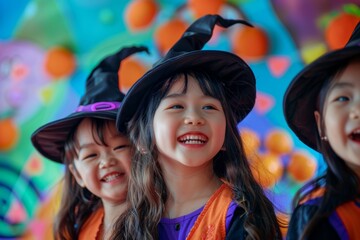 Fototapeta premium Several Asian girls dressed in vibrant and charming attire adorned with textured, colorful ribbon flowers, revel joyfully at a festive occasion.