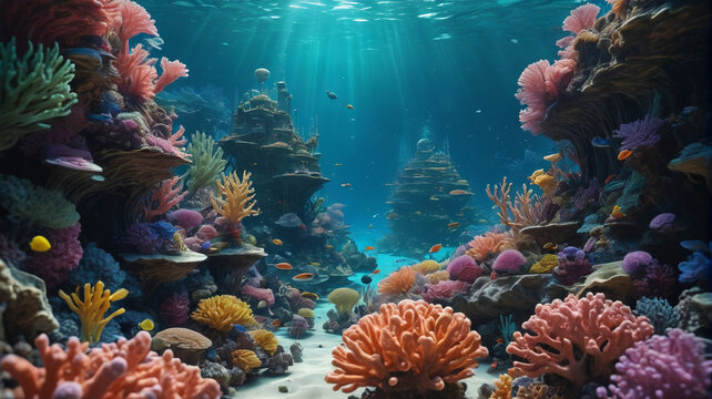 On the aquatic world of Thalassa, underwater cities made of coral and glass host diverse alien life forms, Generative AI
