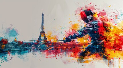 horizontal banner, watercolor illustration, Summer Olympic Games in Paris, fencing, fencer with a rapier against the backdrop of the Eiffel Tower, landmarks and city panorama, free space for text