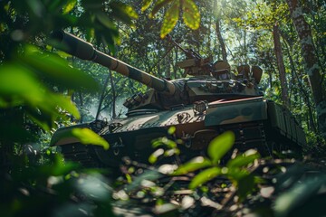 A low-angle shot of an Military tank M1 Abrams camouflaged in forest colors, partially concealed by dense undergrowth Sunlight filters