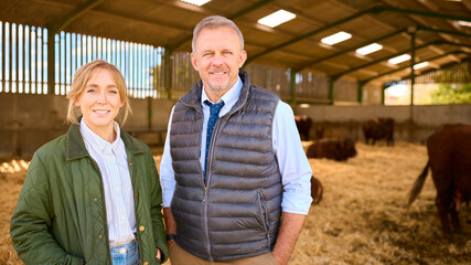 Portrait Of Mature Male Farm Manager With Female Worker Standing Inside Cattle Barn