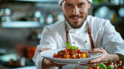 A chef is holding a plate of food in front of him. He is smiling and he is proud of his creation