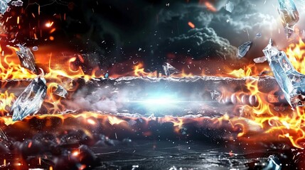 A black rectangle, a conduit for a captivating white light, surrounded by a maelstrom of water, ice, and fire, rendered in stunning detail border and frame