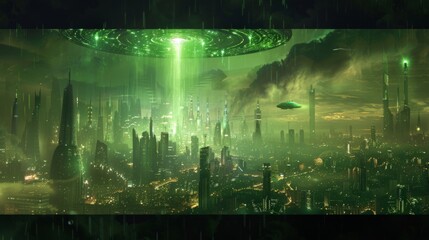 Futuristic city skyline under siege by extraterrestrial spacecraft, with towering skyscrapers bathed in ominous green light