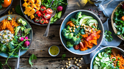 A variety of vegetables are displayed in white bowls, including tomatoes, cucumbers, and broccoli. The bowls are arranged in a way that showcases the different colors and textures of the vegetables