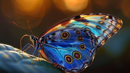AI generated illustration of a butterfly perched on a green leaf near trees