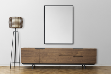 Picture frame png mockup on wall, Scandinavian decor living room, transparent design