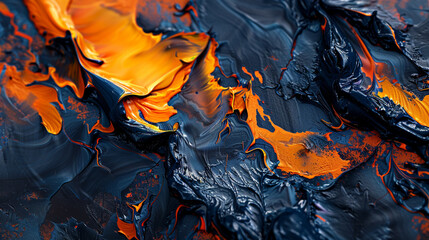 Obraz premium Fiery orange and ultramarine abstract painting with rough textures, captured in a macro shot,