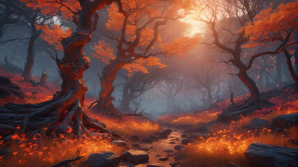 Within the Ember Grove, fiery blossoms bloom in the twilight, casting a warm glow over the enchanted woodlands where fire spirits dwell, Generative AI