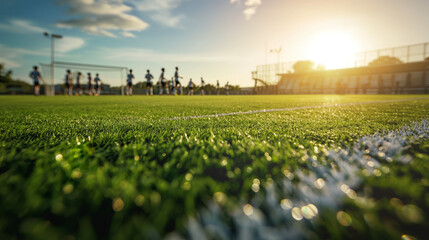 The image captures a soccer field at sunset with blurred figures of players in the background,...