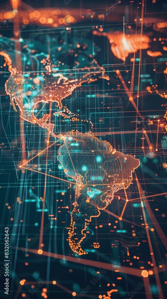 Poster a pixelated world map with chunky continents, glowing nodes representing major data hubs, pulsating 