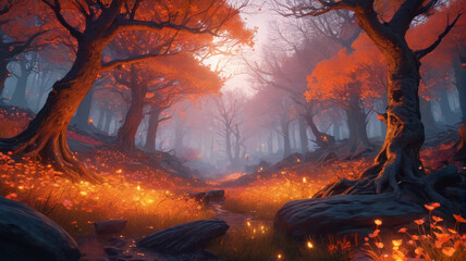 Within the Ember Grove, fiery blossoms bloom in the twilight, casting a warm glow over the enchanted woodlands where fire spirits dwell, Generative AI