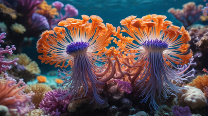 Obraz premium Within the Coral Reef Sanctuary, anemones bloom in dazzling hues, their tentacles dancing in the ebb and flow of the crystal-clear water, Generative AI