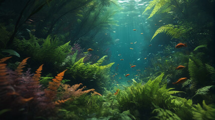 Fototapeta premium Amidst the Underwater Forest, lush ferns sway gently, their fronds providing shelter for colorful fish darting through the greenery, Generative AI