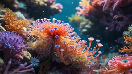 Obraz premium Within the Coral Reef Sanctuary, anemones bloom in dazzling hues, their tentacles dancing in the ebb and flow of the crystal-clear water, Generative AI