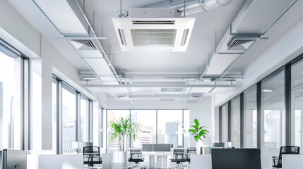 Ceiling mounted cassette type air conditioner and modern lamp light on white ceiling. duct air conditioner for home or office.