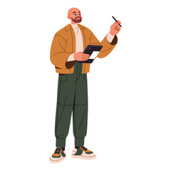 Adult bald man stands, holds tablet in hand. Bearded employee takes notes in digital device using electronic pen. Stylish business worker with modern gadget. Flat isolated vector illustration on white