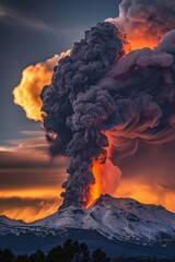 A volcanic eruption spewing lava and ash, a fiery display against a darkening sky