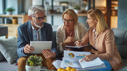 A financial planner holds a pen and points to a chart on a whiteboard, explaining investment options to a middle-aged couple. The couple looks intently at the chart, with expressions of curiosity and