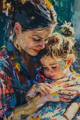 Colorful painting portraying a tender moment between a mother and child, embracing each other with love and care.