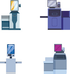 Vector illustration collection of various office copiers and printers in a flat design style