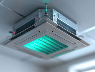 Fototapeta premium Interior room with ceiling mounted cassette type air conditioner alongside a modern lamp light on a ceiling. the duct air conditioner suitable for home